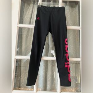 Adidas size 10-12 girls black leggings with dark pink logo (logo is coming off)
